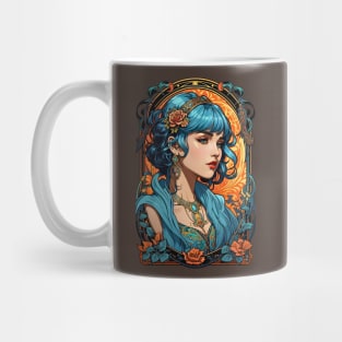 Bohemian Blue Haired woman retro vintage floral design Mug